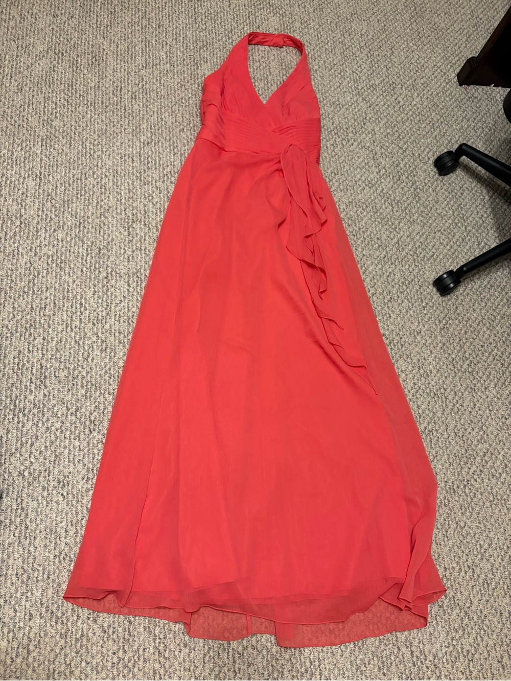 David's Bridal Coral Halter V-Neck Maxi Dress with Side Ruffle